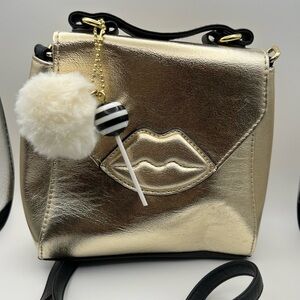 Metallic Gold Betsey Johnson Lips Crossbody Bag with Lollipop Charm